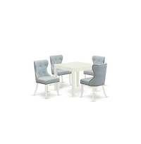 East West Furniture kitchen table set of 4 wonderful dining chairs with Linen Fabric Baby Blue color and a stunning Square kitchen table with Linen Wh