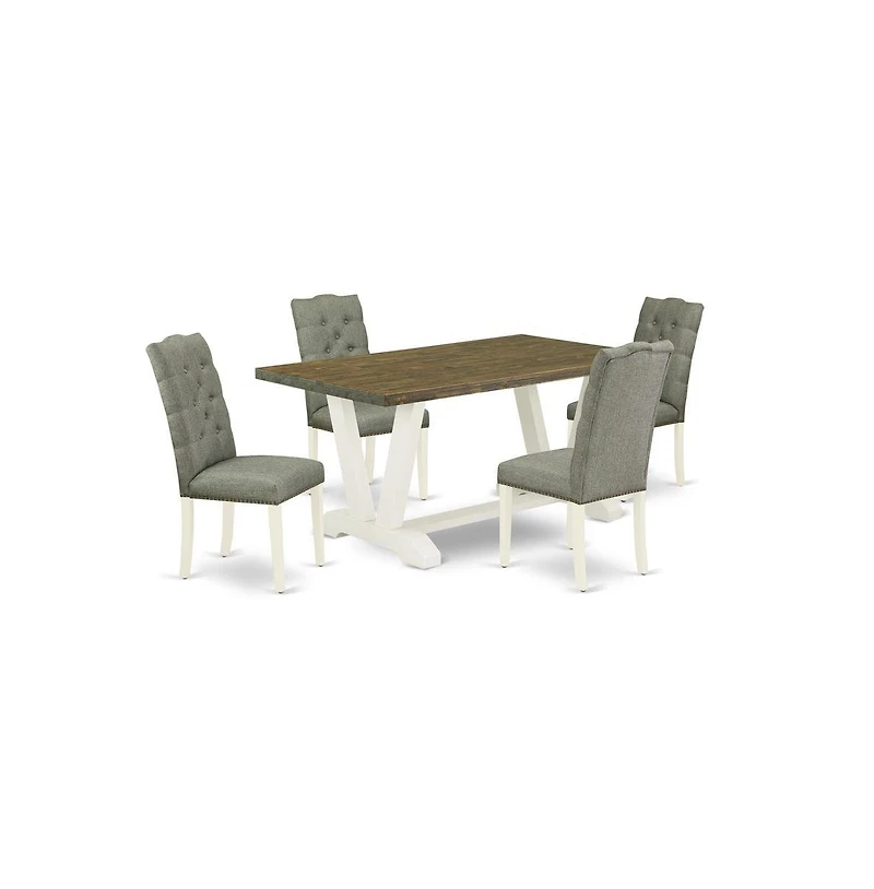 East West Furniture 5-Piece Dining Set- 4 Dining Chairs with Smoke Linen Fabric Seat and Button Tufted Chair Back