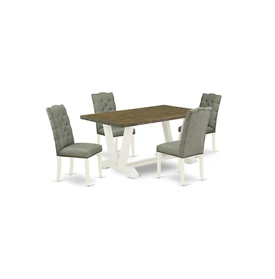 East West Furniture 5-Piece Dining Set- 4 Dining Chairs with Smoke Linen Fabric Seat and Button Tufted Chair Back
