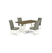 East West Furniture 5-Piece Dining Set- 4 Dining Chairs with Smoke Linen Fabric Seat and Button Tufted Chair Back