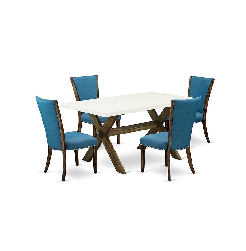 East West Furniture 5Pc Dining Table set Includes a Dining Room Table and 4 Parsons Dining Room Chairs with Blue Color Linen Fabric, Distressed Jacobe