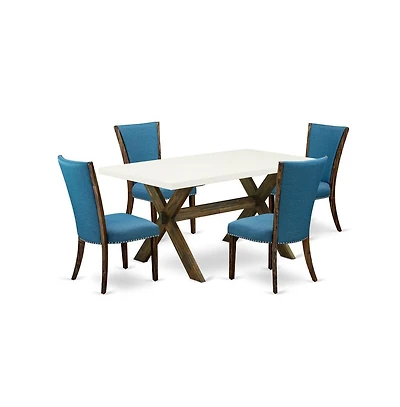 East West Furniture 5Pc Dining Table set Includes a Dining Room Table and 4 Parsons Dining Room Chairs with Blue Color Linen Fabric, Distressed Jacobe