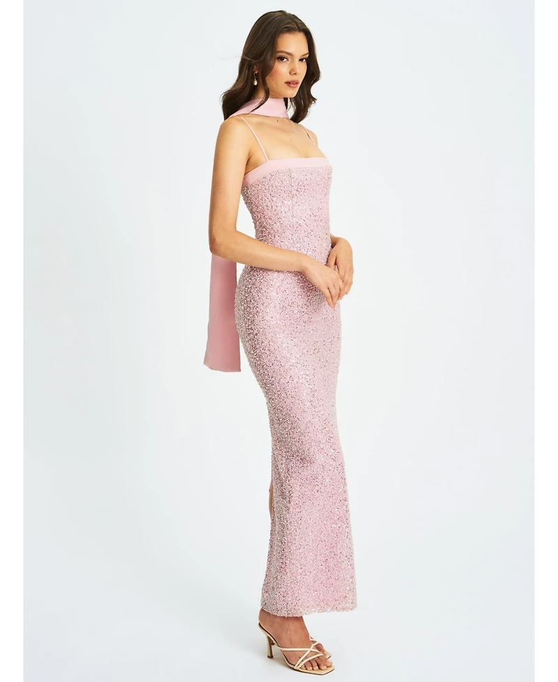 Miss Circle Women Raizel Pink Beaded Sequin Bodycon Gown with Scarf