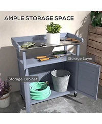 Outsunny Outdoor Potting Bench with Storage, Wheels, Natural Wood