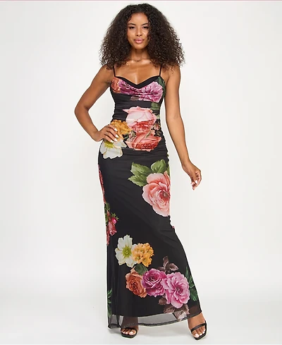Emerald Sundae Juniors' Cowl Neck Floral Mesh Sleeveless Gown