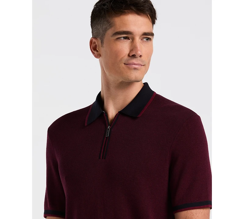 Perry Ellis Men's Bi-Color Stitch Quarter-Zip Short Sleeve Polo Shirt