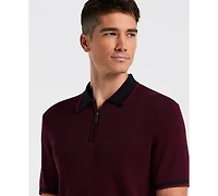 Perry Ellis Men's Bi-Color Stitch Quarter-Zip Short Sleeve Polo Shirt