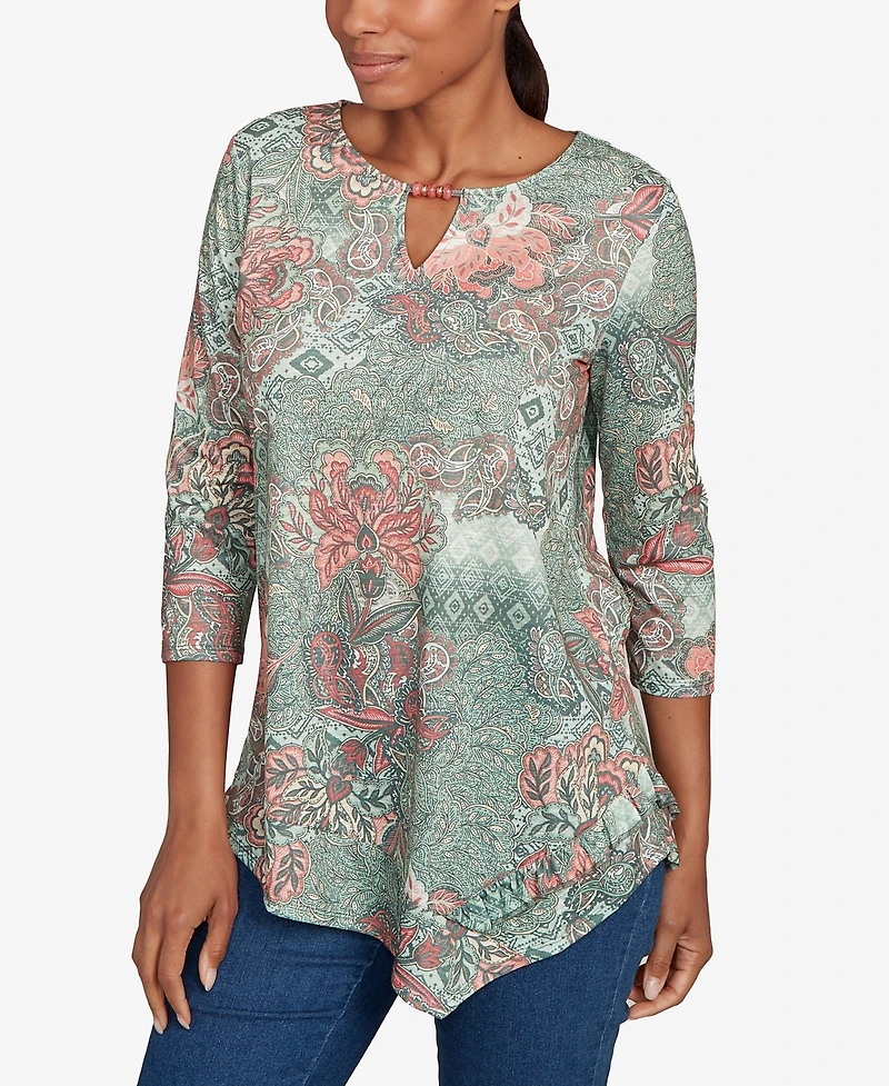 Ruby Rd. Petite Floral Patchwork Split Beaded Neck Top