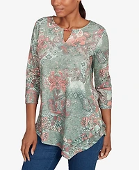 Ruby Rd. Petite Floral Patchwork Split Beaded Neck Top
