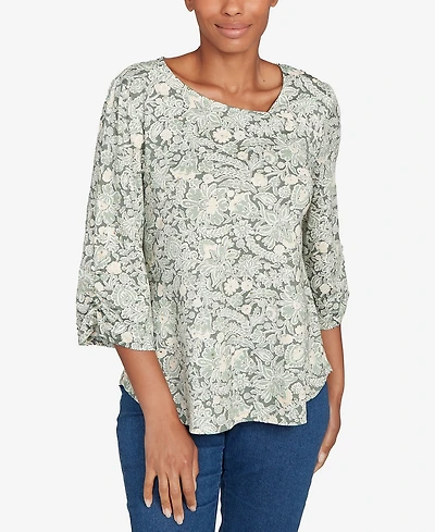 Ruby Rd. Petite Floral Dew Drop Ruched Sleeves Top