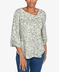 Ruby Rd. Petite Floral Dew Drop Ruched Sleeves Top