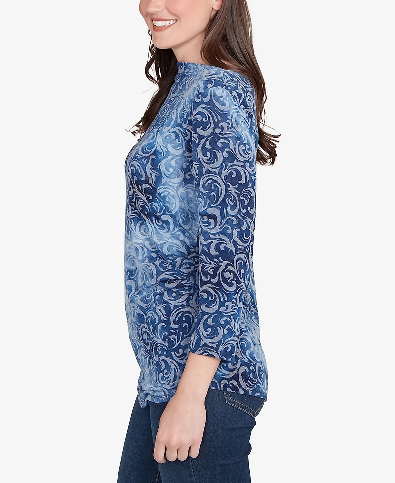 Ruby Rd. Petite Tie Dye Scroll Floral Hatchi Top
