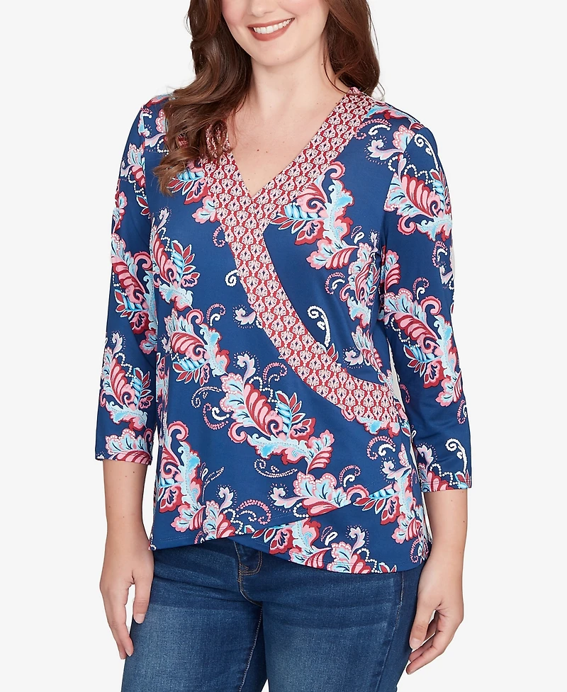 Ruby Rd. Petite Ikat Floral Puff Print Surplice Top
