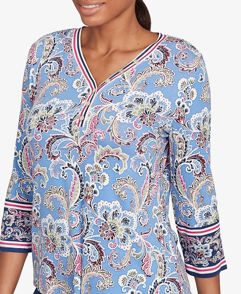 Ruby Rd. Petite Stripe Trim Paisley Henley Top