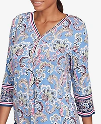 Ruby Rd. Petite Stripe Trim Paisley Henley Top