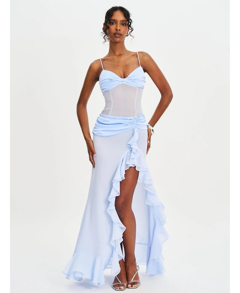 Miss Circle Women Lacy Blue Ruched Breast High Slit Chiffon Dress