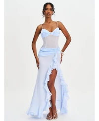 Miss Circle Women Lacy Blue Ruched Breast High Slit Chiffon Dress