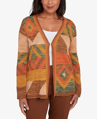 Alfred Dunner Petite Mount Laurel Patchwork Long Sleeve Cardigan Sweater
