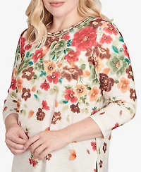 Alfred Dunner Petite Mount Laurel Floral Detailed Neck Top