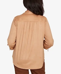 Alfred Dunner Petite Mount Laurel Button Front Faux Suede Top