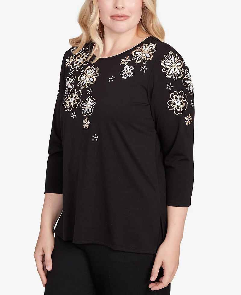 Alfred Dunner Petite Gold Floral Embroidered Three Quarter Sleeve Top