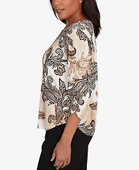 Alfred Dunner Petite Textured Paisley Ruched Sleeves Top