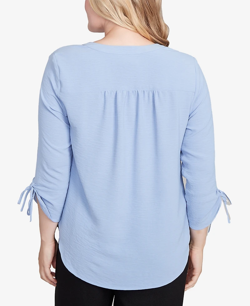 Alfred Dunner Petite Tie Sleeve Crinkle Textured Henley Top