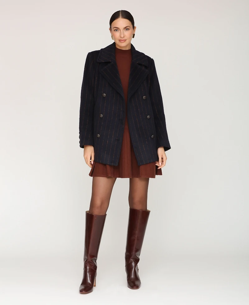 Avec Les Filles Women's Short Double Breasted Wool Pinstripe Coat