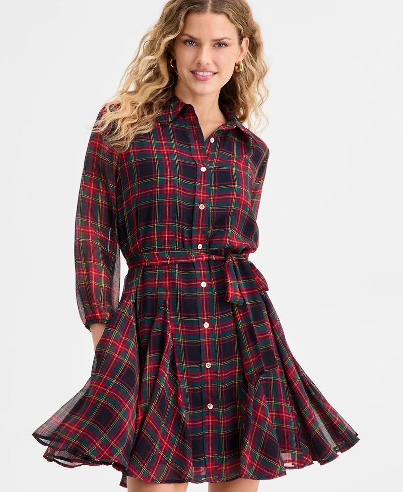 Tommy Hilfiger Women's Plaid Short Flared Shirtdress