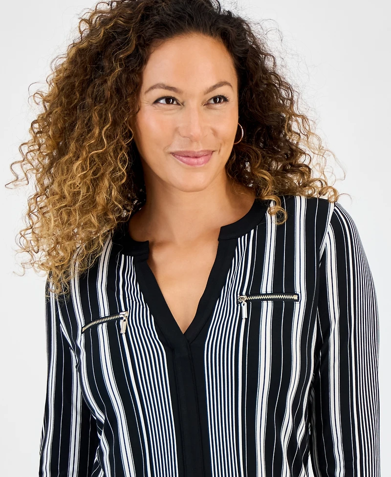 Jm Collection Petite Printed Long-Sleeve Faux-Pocket Top