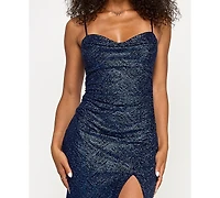 Emerald Sundae Juniors' Glitter Draped Front Gown