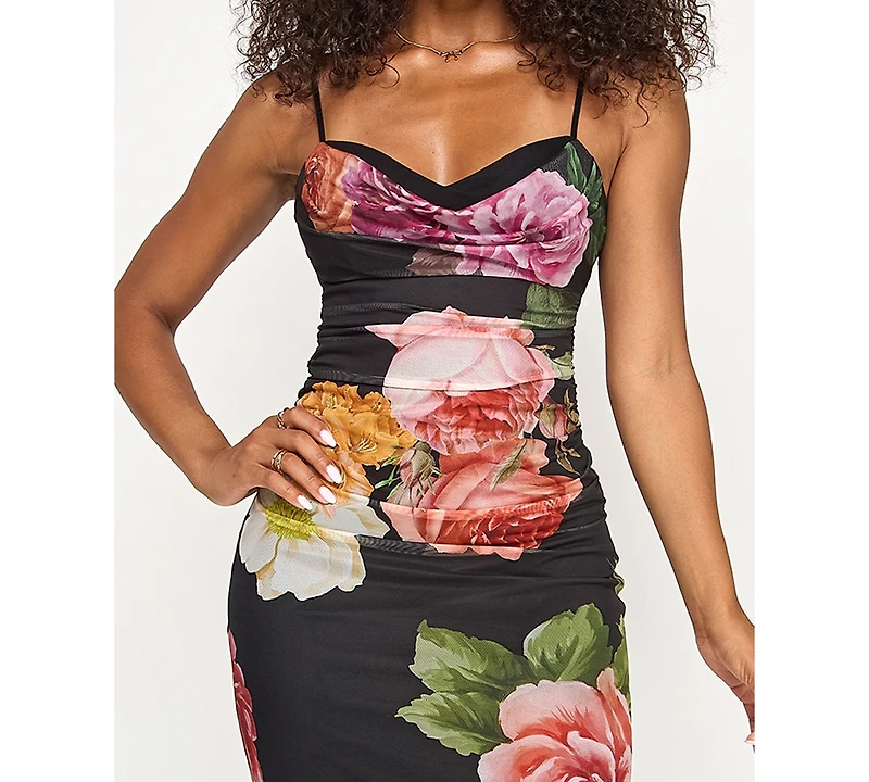 Emerald Sundae Juniors' Cowl Neck Floral Mesh Sleeveless Gown