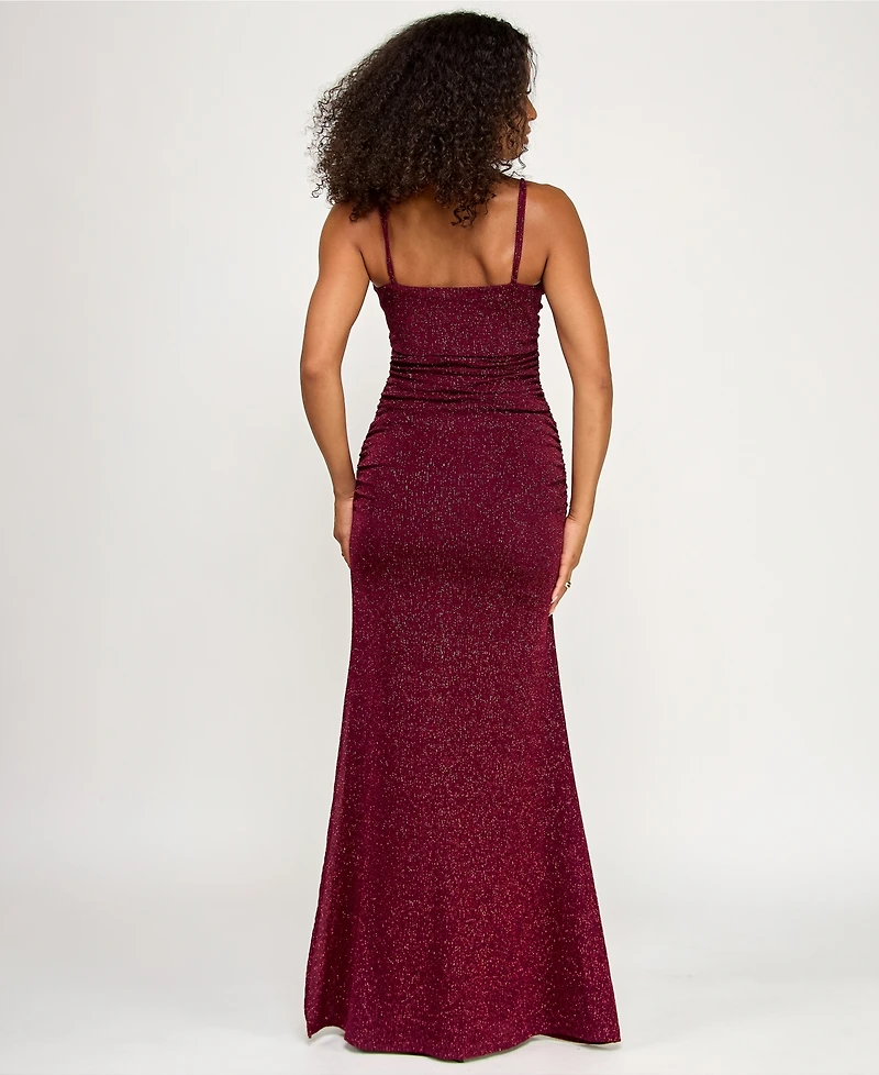 Emerald Sundae Juniors' Glitter-Knit Notched-Neck Gown