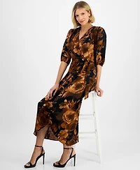 Connected Women's Faux-Wrap Long-Sleeve Maxi Dress