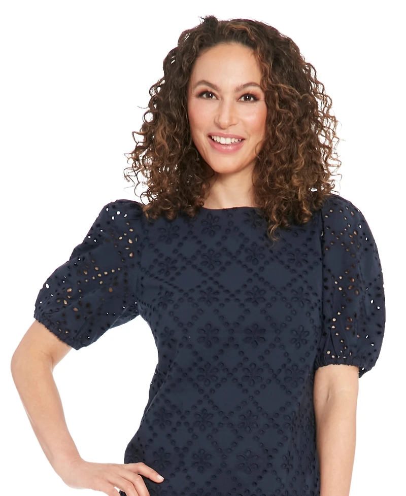 London Times Petite Cotton Eyelet Puff-Sleeve Dress
