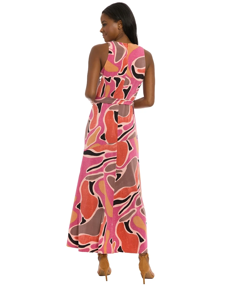 London Times Petite Sleeveless Printed Tie-Waist Maxi Dress