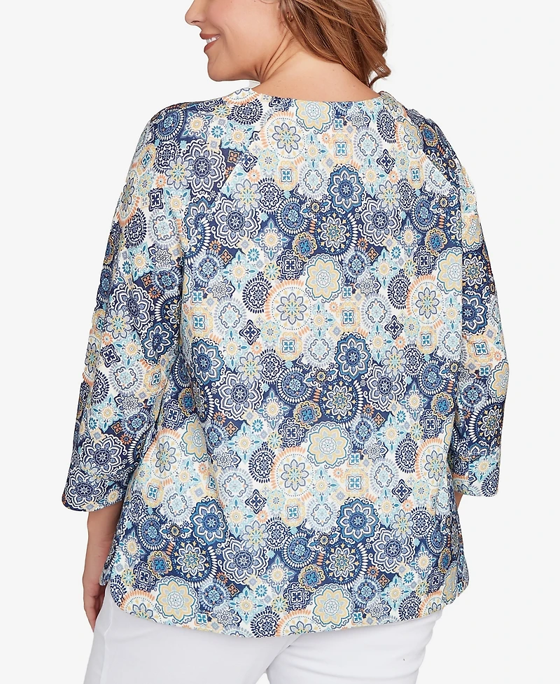 Hearts Of Palm Plus Printed Hachi 3/4 Sleeve Top