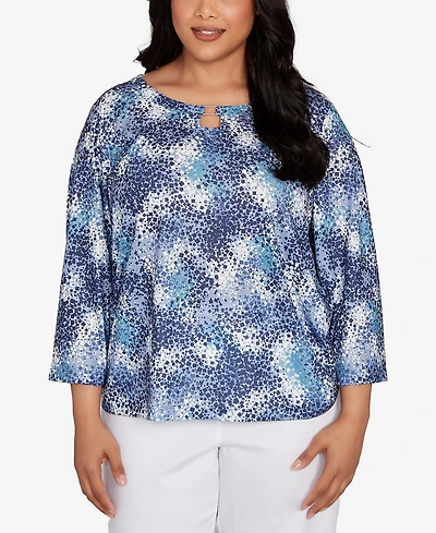 Hearts Of Palm Plus Printed Poly Square Ring Neck Top