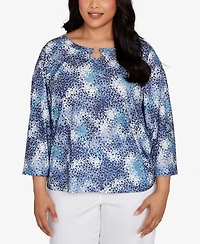 Hearts Of Palm Plus Printed Poly Square Ring Neck Top