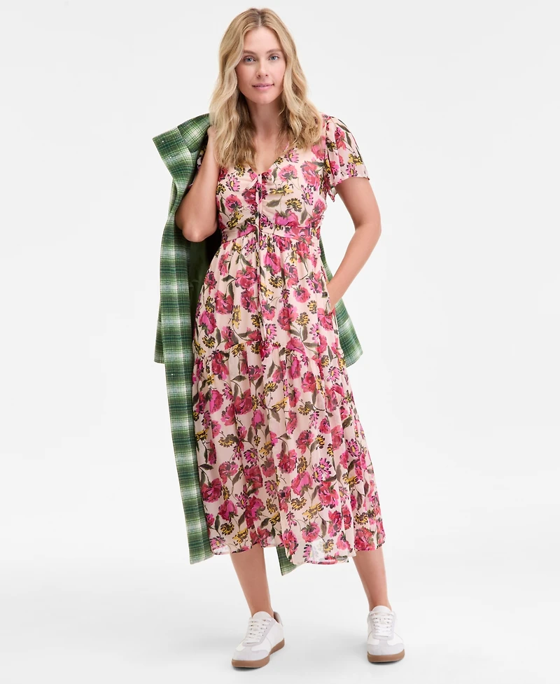 On 34th Women's Floral-Print Flutter-Sleeve Midi Dress, Macy's Exclusive