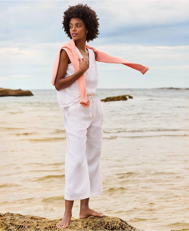 Lands' End Women's High Rise Drawstring Linen Wide Leg Crop Pants