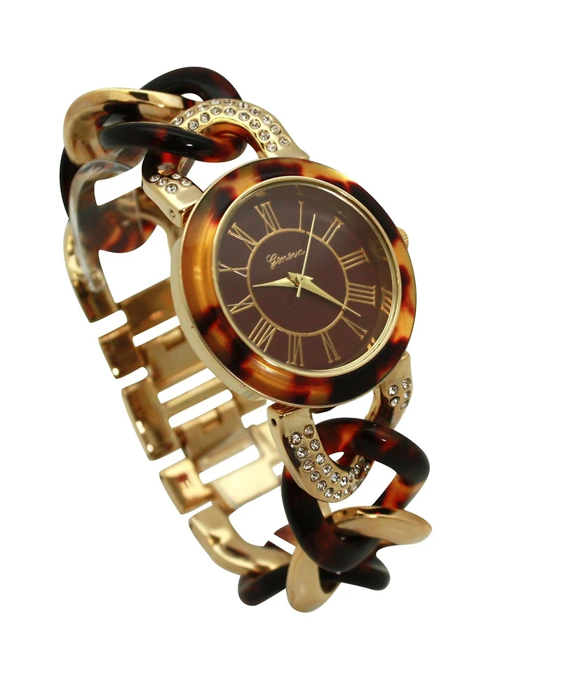 Olivia Pratt Brown Gold and Rhinestones Chain Tortoise Strap Women Watch