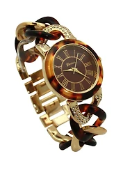 Olivia Pratt Brown Gold and Rhinestones Chain Tortoise Strap Women Watch