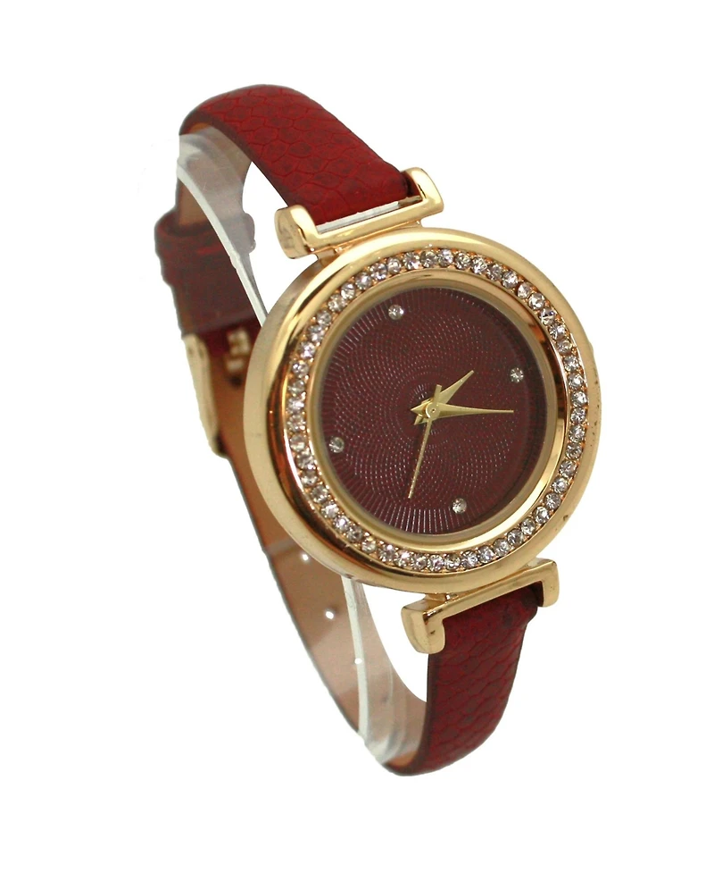 Olivia Pratt Burgundy Thin Solid Color Strap and Rhinestones Women Watch
