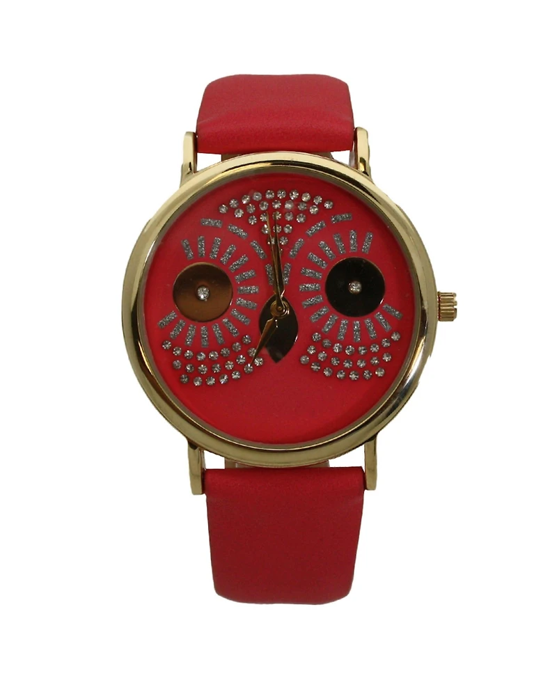 Hot Pink Dazzling Owl Face Leather Strap Watch