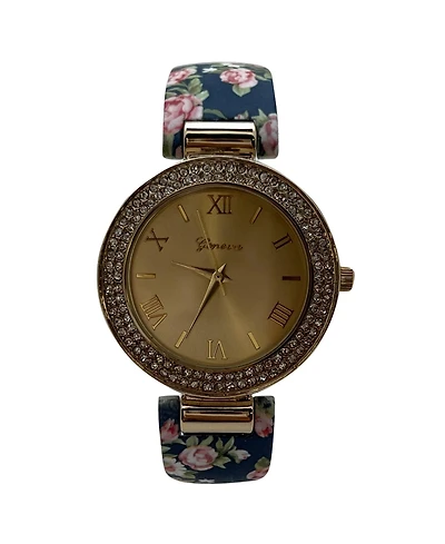 Olivia Pratt Navy Floral Printed Soft Band Bangle Women Watch
