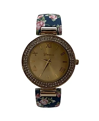 Olivia Pratt Navy Floral Printed Soft Band Bangle Women Watch