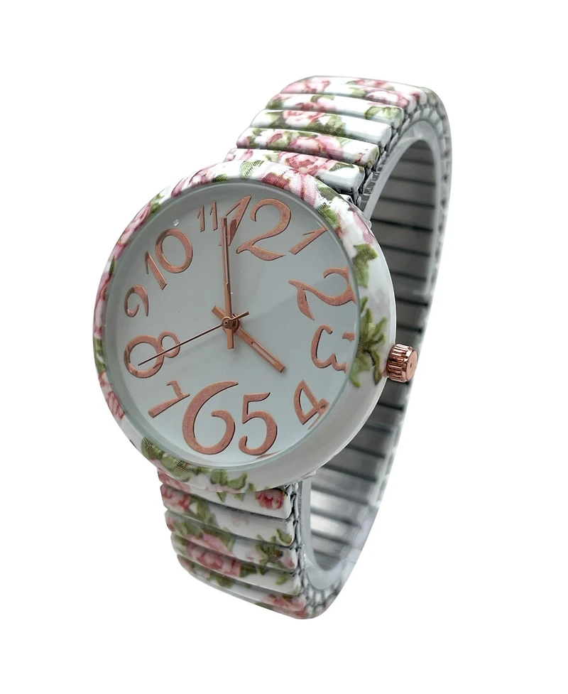 Olivia Pratt Baby Pink Floral Big Dial Easy Reader Watch Floral Elastic Stretch Band Wristwatch Women Watch
