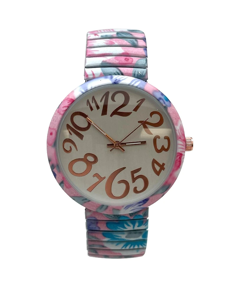 Olivia Pratt Light Blue Floral Big Dial Easy Reader Watch Floral Elastic Stretch Band Wristwatch Women Watch