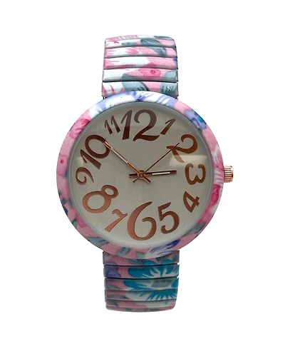 Olivia Pratt Light Blue Floral Big Dial Easy Reader Watch Floral Elastic Stretch Band Wristwatch Women Watch